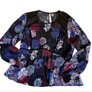 Guess Flowing Long Sleeve Floral Blouse - Black/white/Purple SIZE M